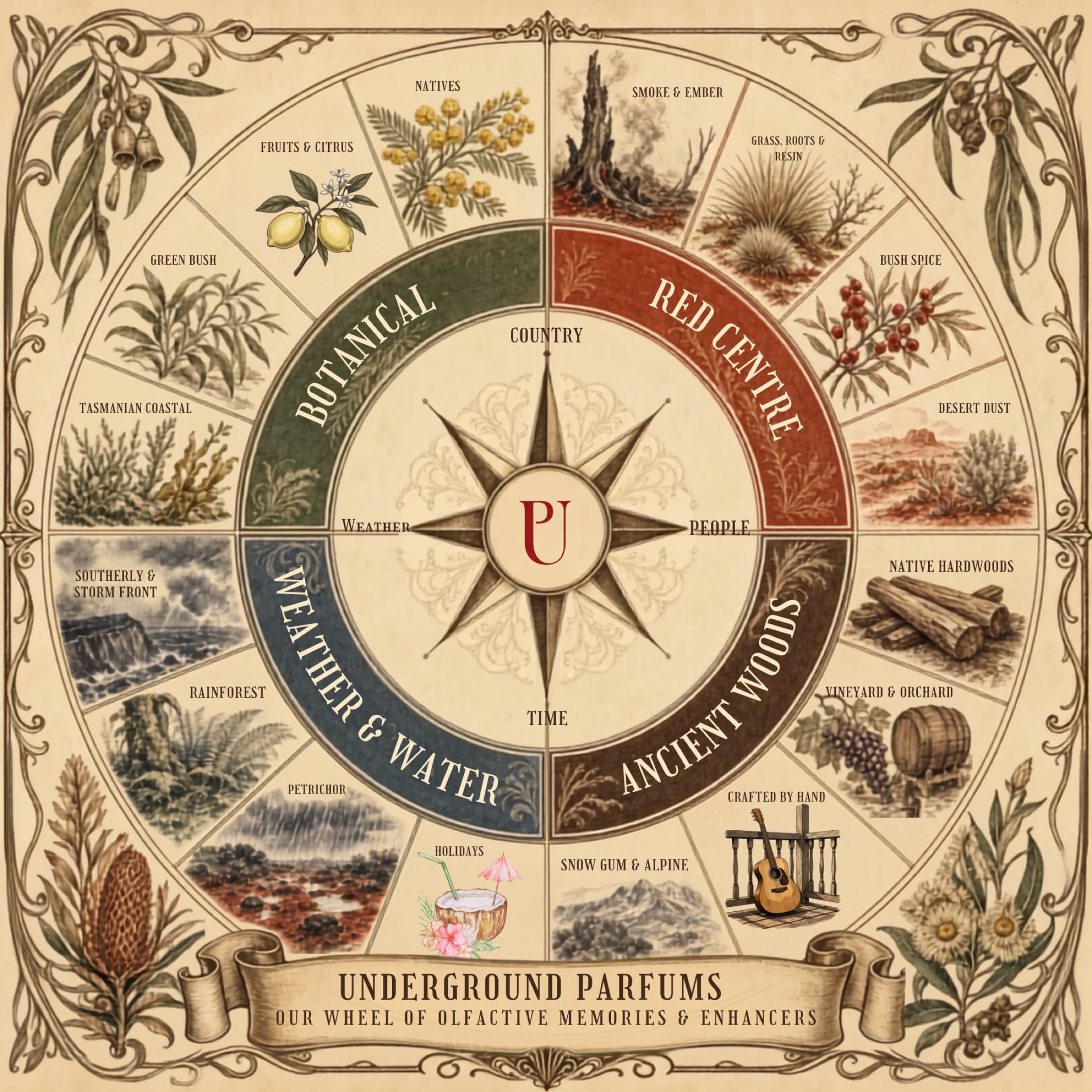 The Underground Parfums wheel: four quadrants and sixteen sub-families arranged as a compass.