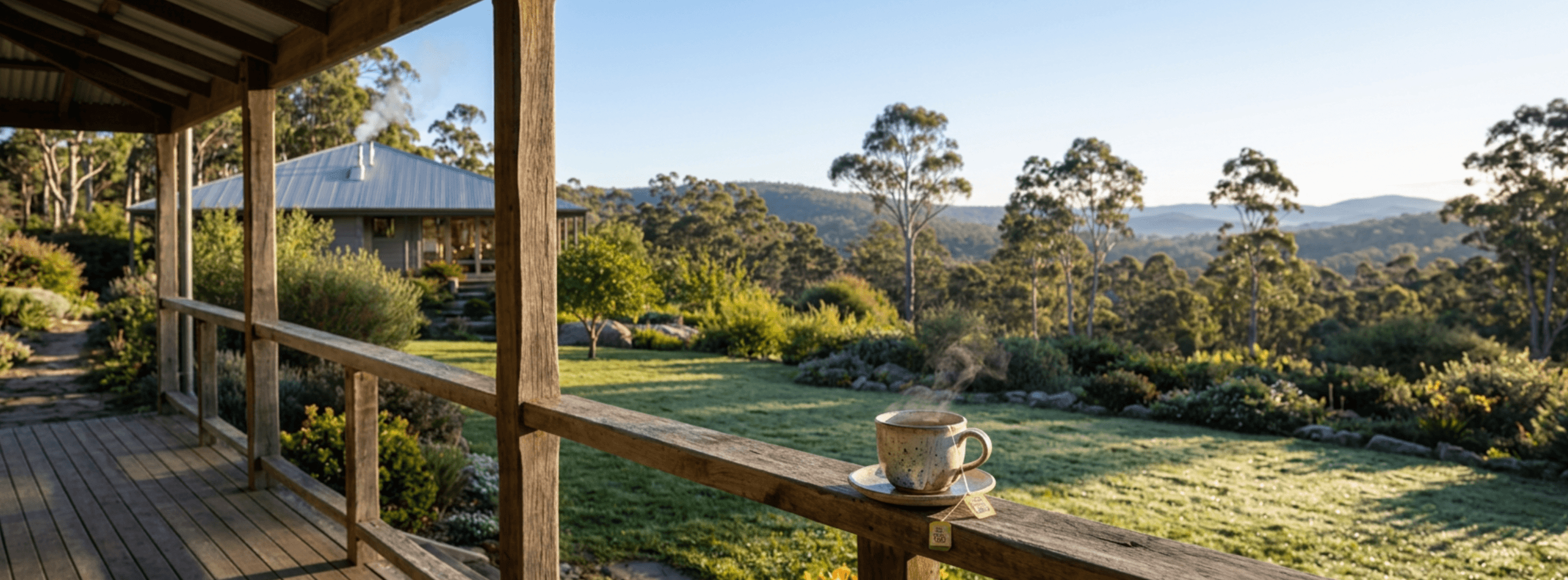 A ceramic mug of tea steaming on the wooden railing of a back porch, a green lawn in morning sun, chimney smoke rising from the house next door over the valley