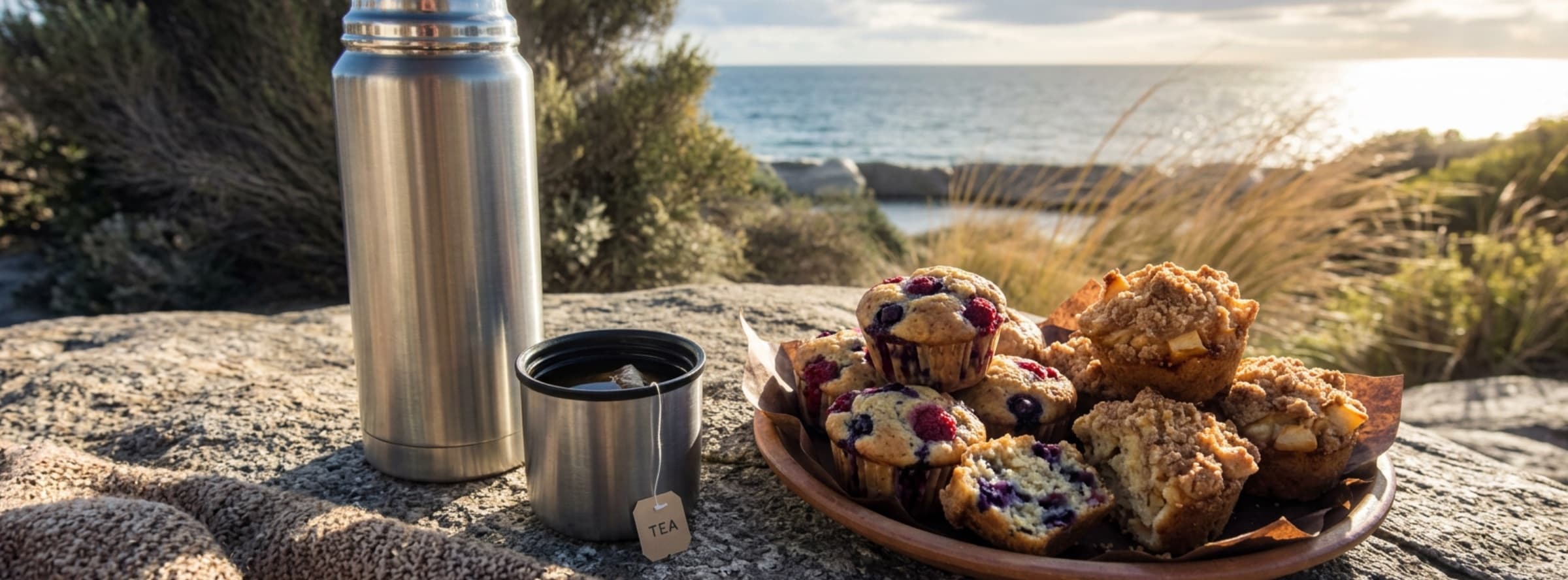 A steel thermos, a cup of tea and a plate of berry muffins on a rock above the ocean on a cold sunny day