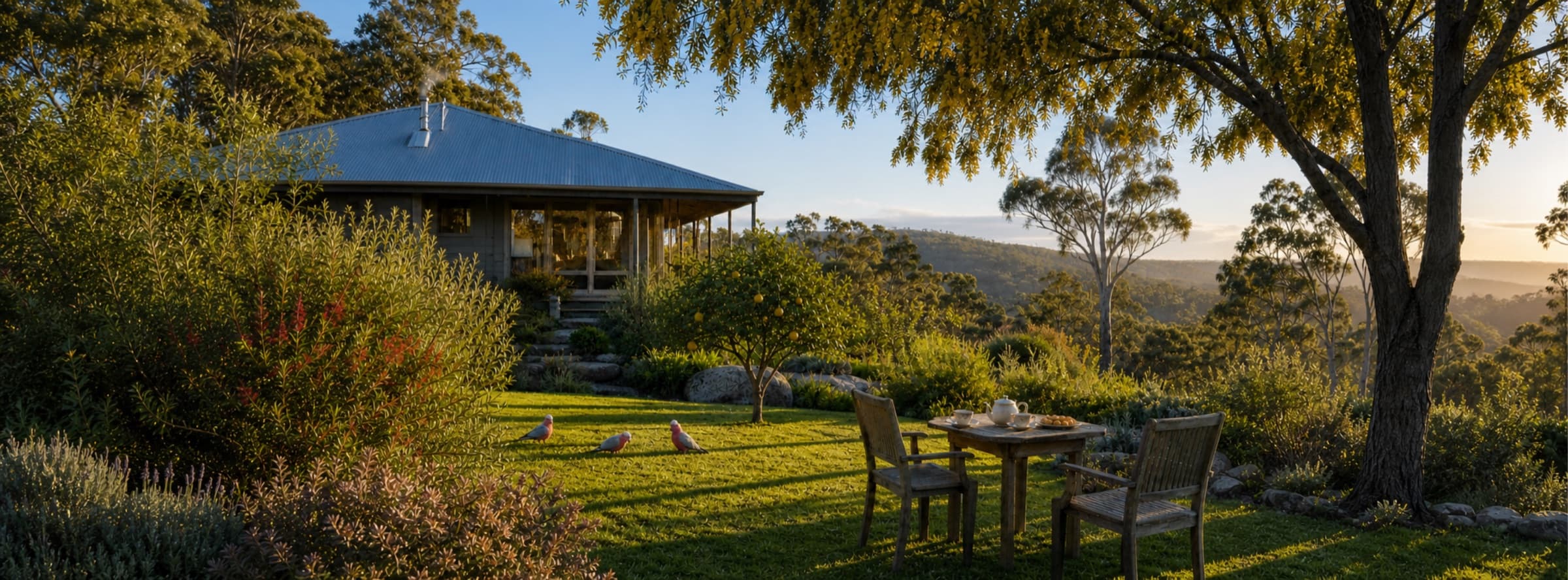 A teapot and cups on a table under a wattle in Mum's garden, pink and grey galahs on the grass, a lemon tree, and the hills of Perth behind