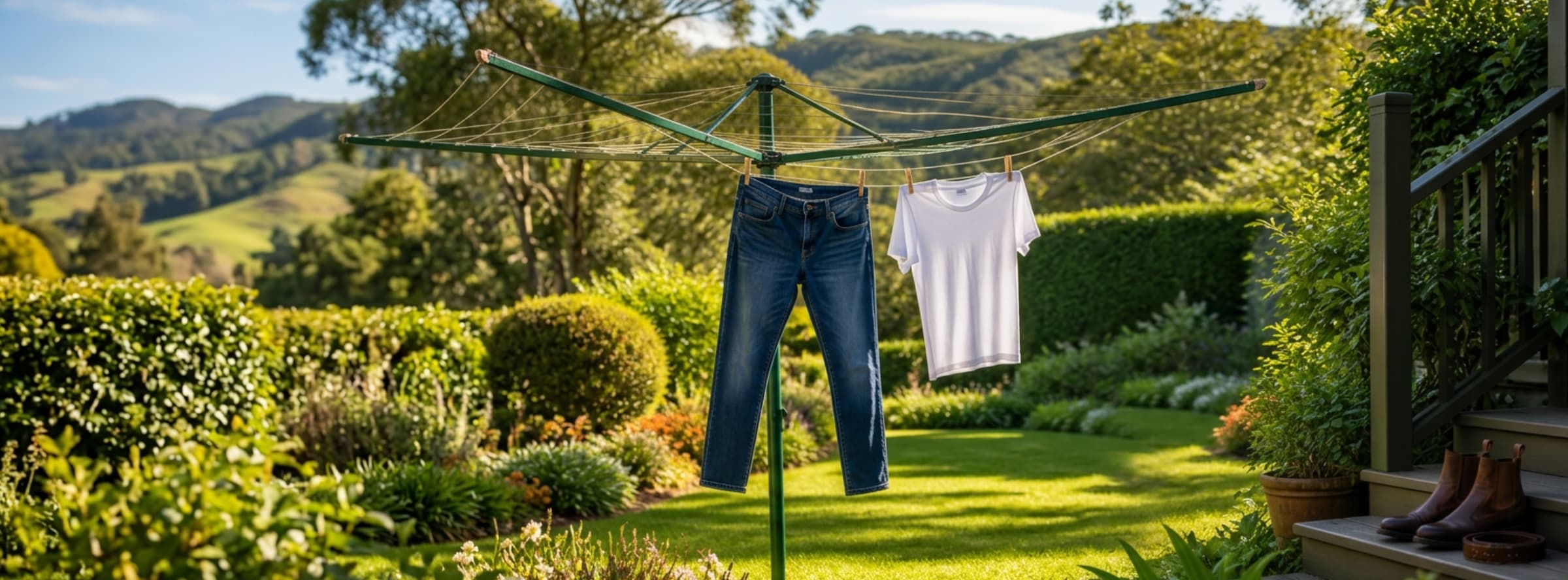 Indigo jeans and a white tee pegged to a Hills Hoist in a sunny green garden, boots on the steps