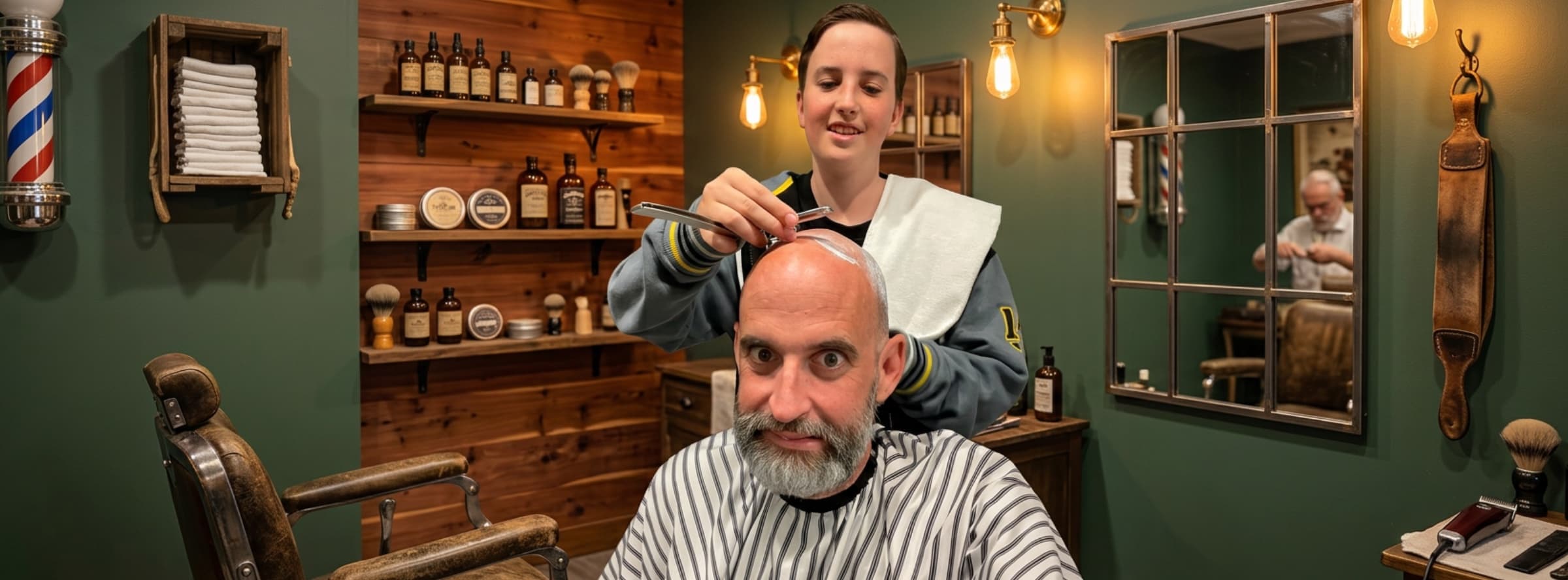A young barber shaving a man's head in a green-walled barbershop, an older man reflected in the mirror