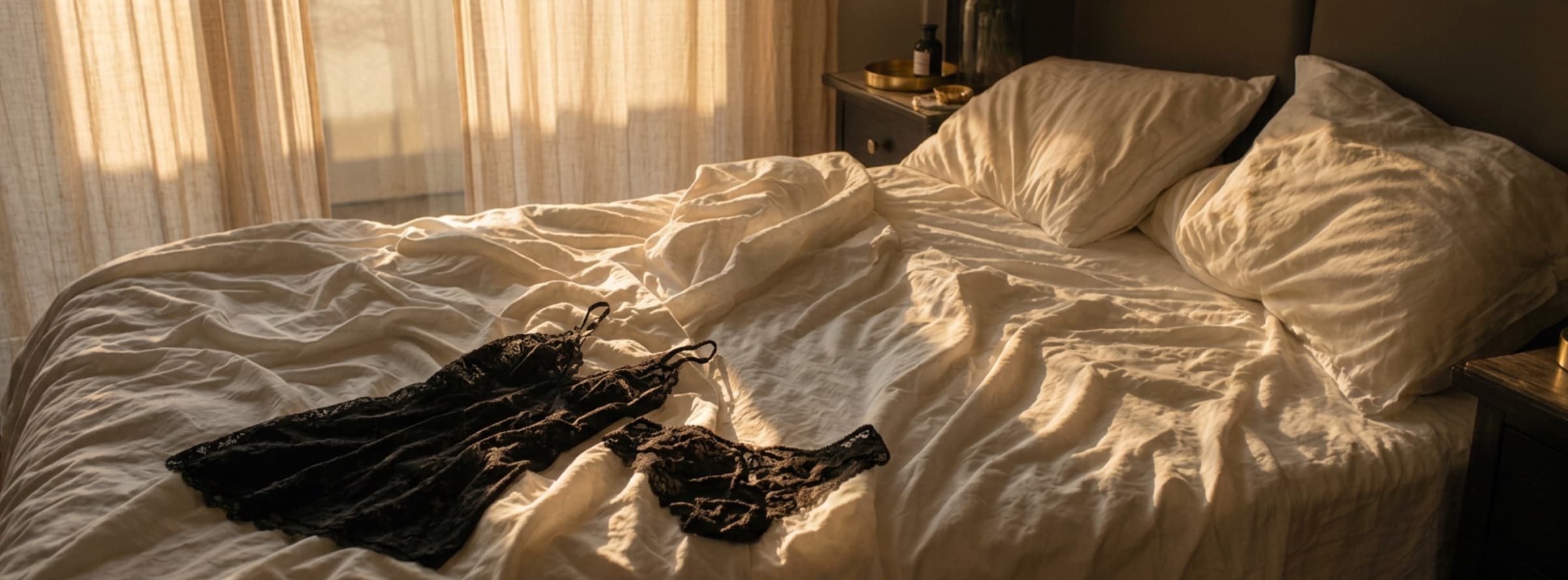 Morning sun through linen curtains across an unmade white bed, black lace left on the sheets
