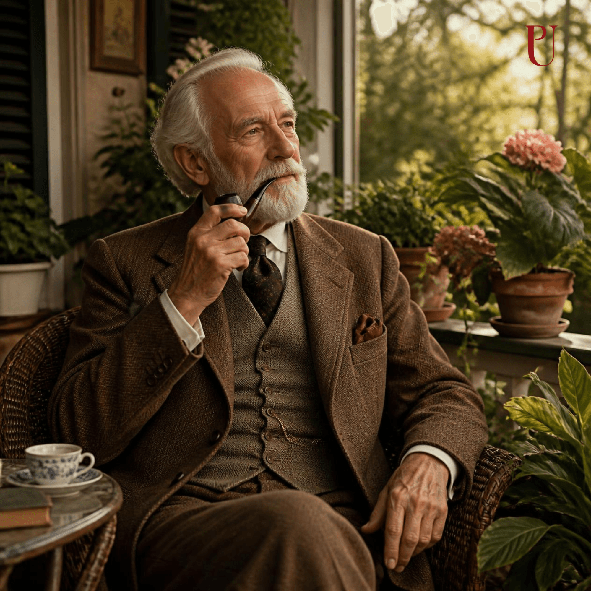 An older man with a pipe in a warm room
