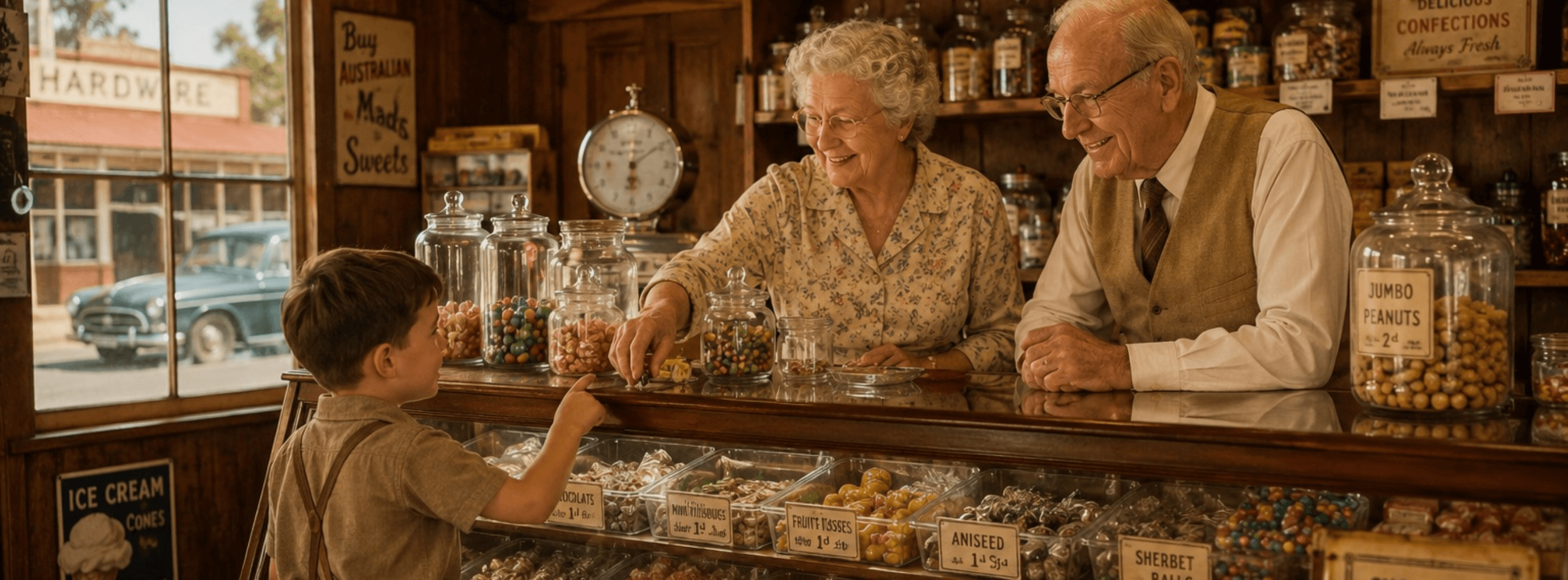 An old-fashioned Australian sweet shop, a boy at the glass counter and the shopkeepers behind it